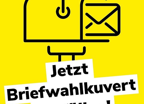 Grafik mit Bildtext "Jetzt Briefwahlkuvert ausfüllen"